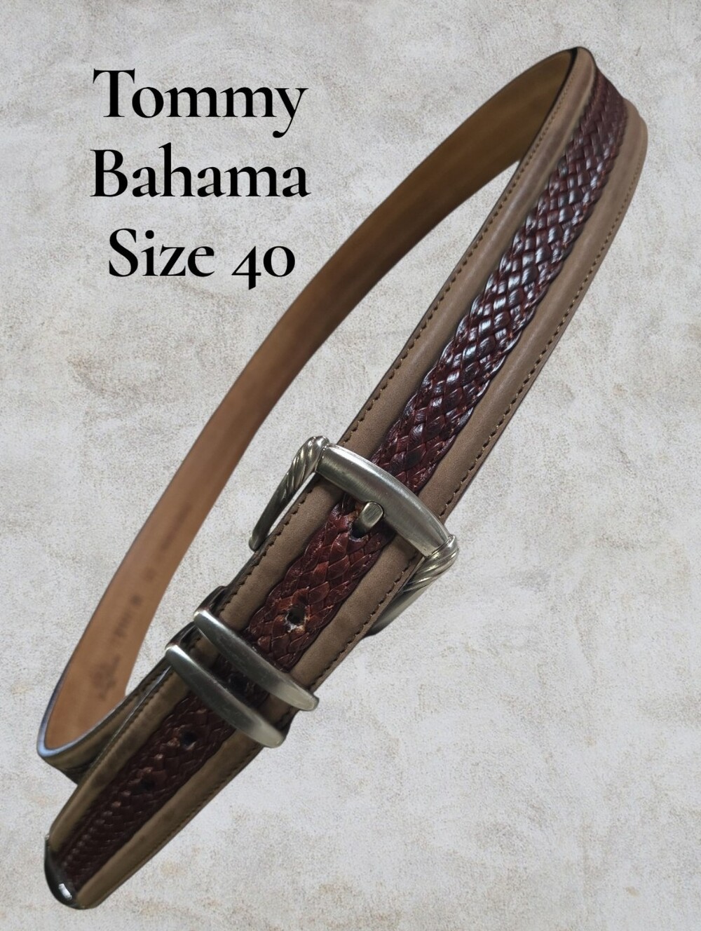 Tommy Bahama Spain Brown Leather Woven Braided Inlay Belt Size 40